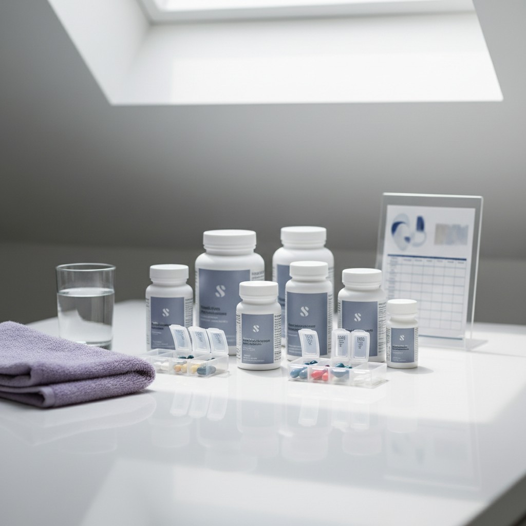 Several different-sized bottles filled with pills on a counter, alongside a glass of water and a towel. Table on the side ...